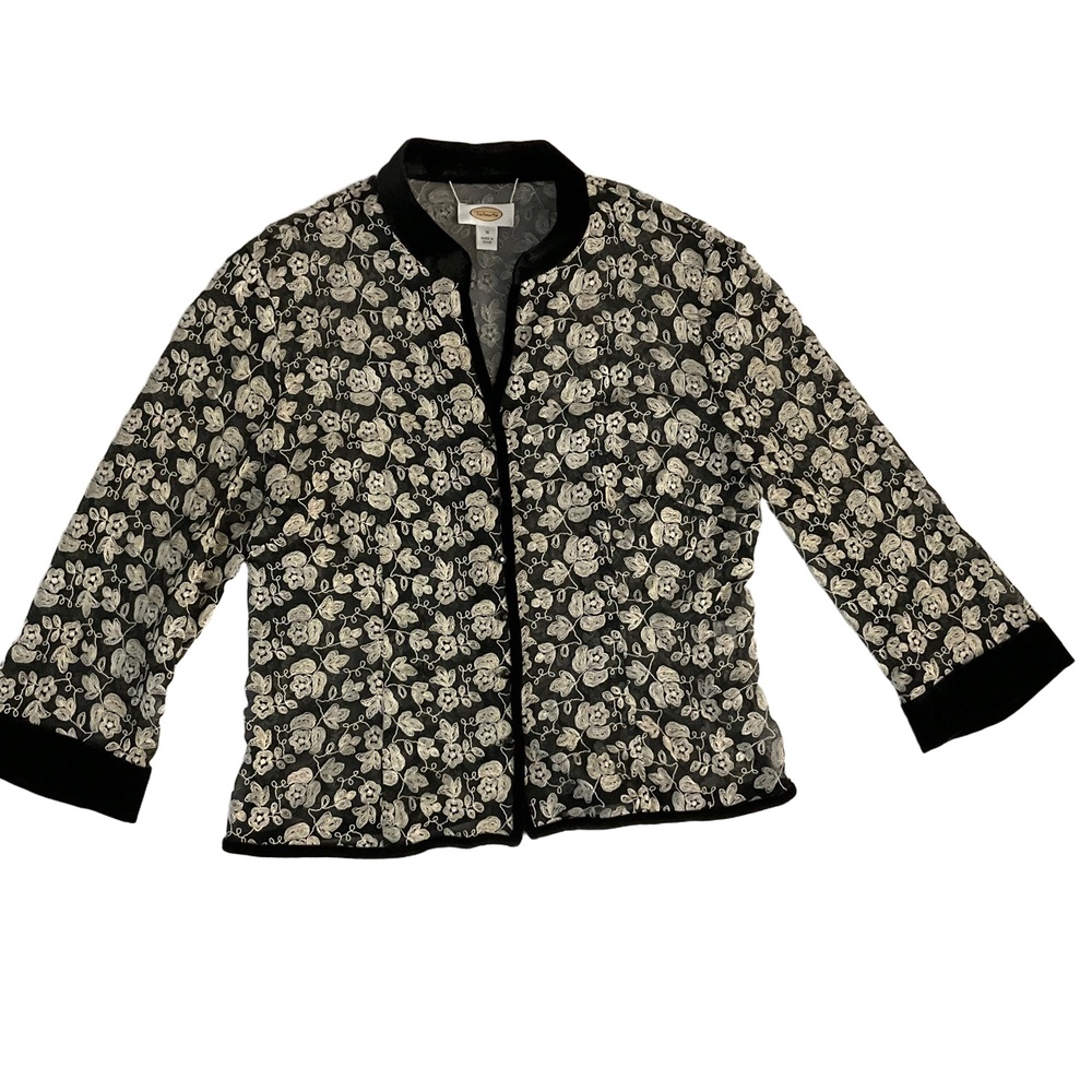 Talbots Black Beige Floral Embroidered Sheer Velour Trim Blouse Womens Size‎ 16